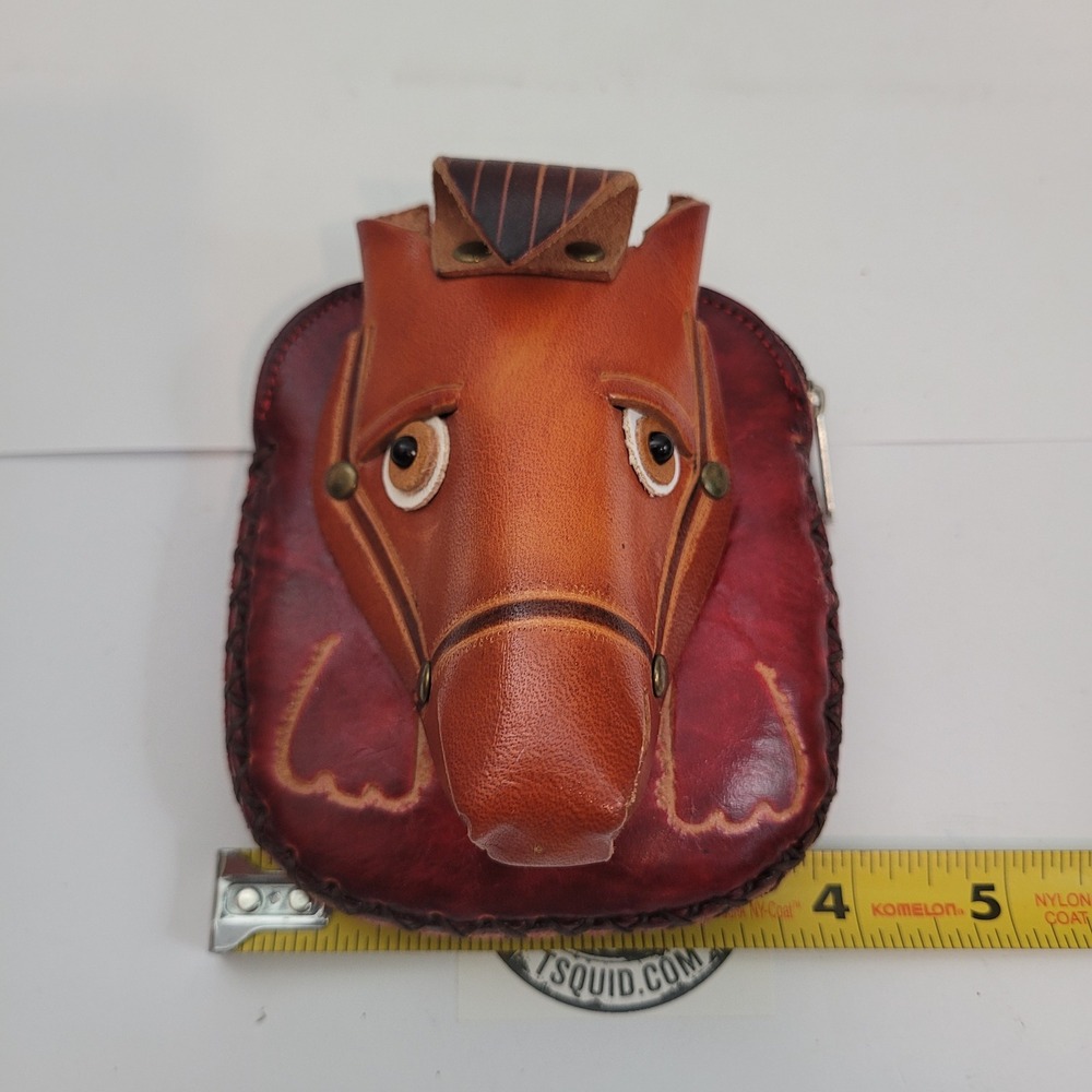 Handmade Genuine Leather Horse Coin Purse 3D Animal Floral Embossed Brown - Picture 4 of 8